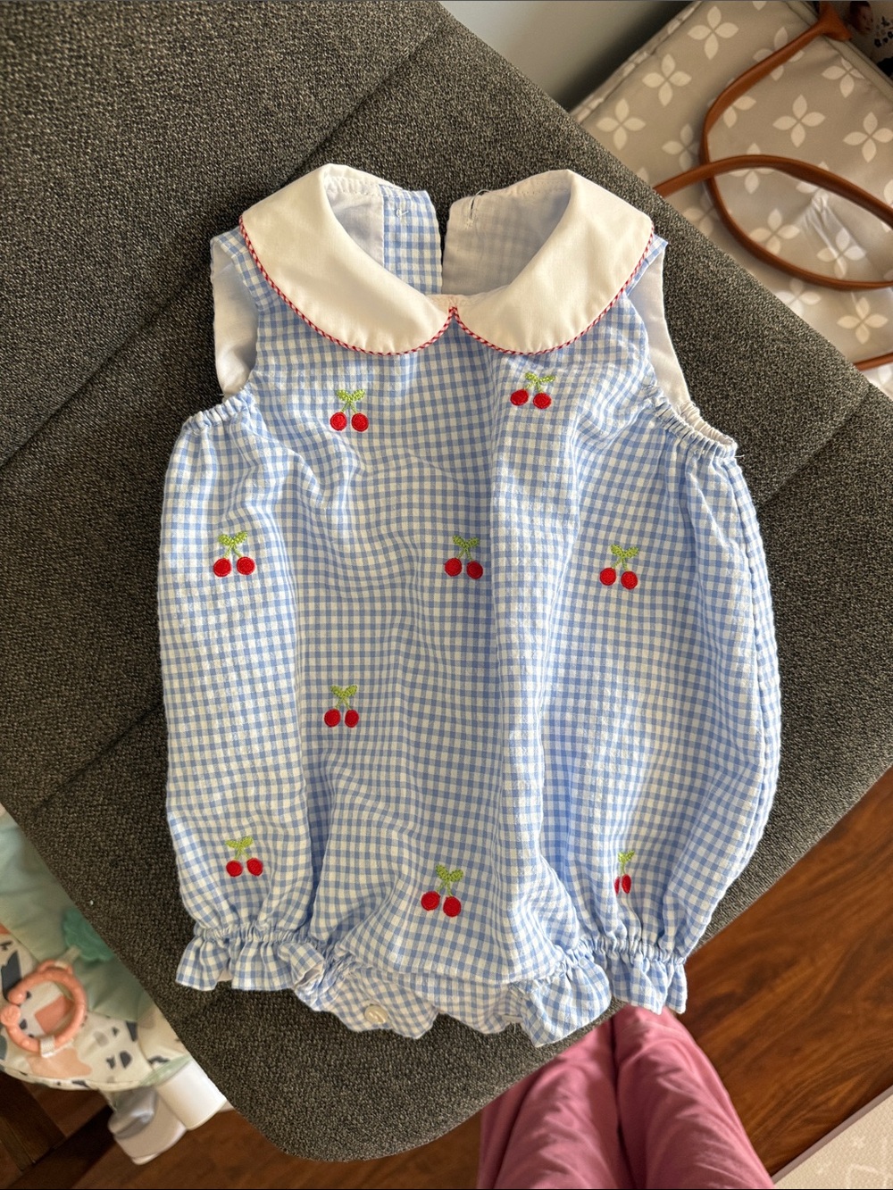 Anavini Gingham Cherry Embroidered Blue Bubble Romper (12 months)